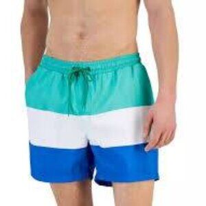 NWT Club Room Men's Colorblocked 5" Swim Trunks, Mint, White, Blue